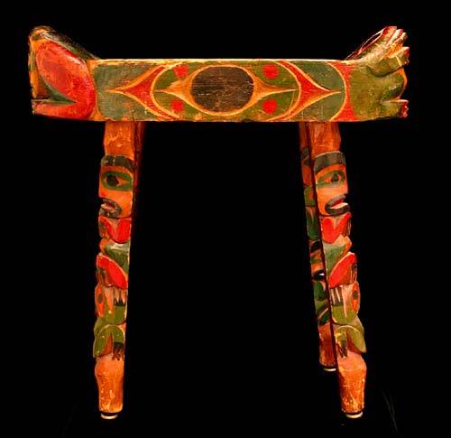 Polychrome Wood Chiefs Stool, Pacific Northwest Coast Native American Indian Art