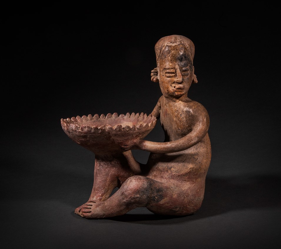 Jalisco male seated figure holding a large flared bowl 